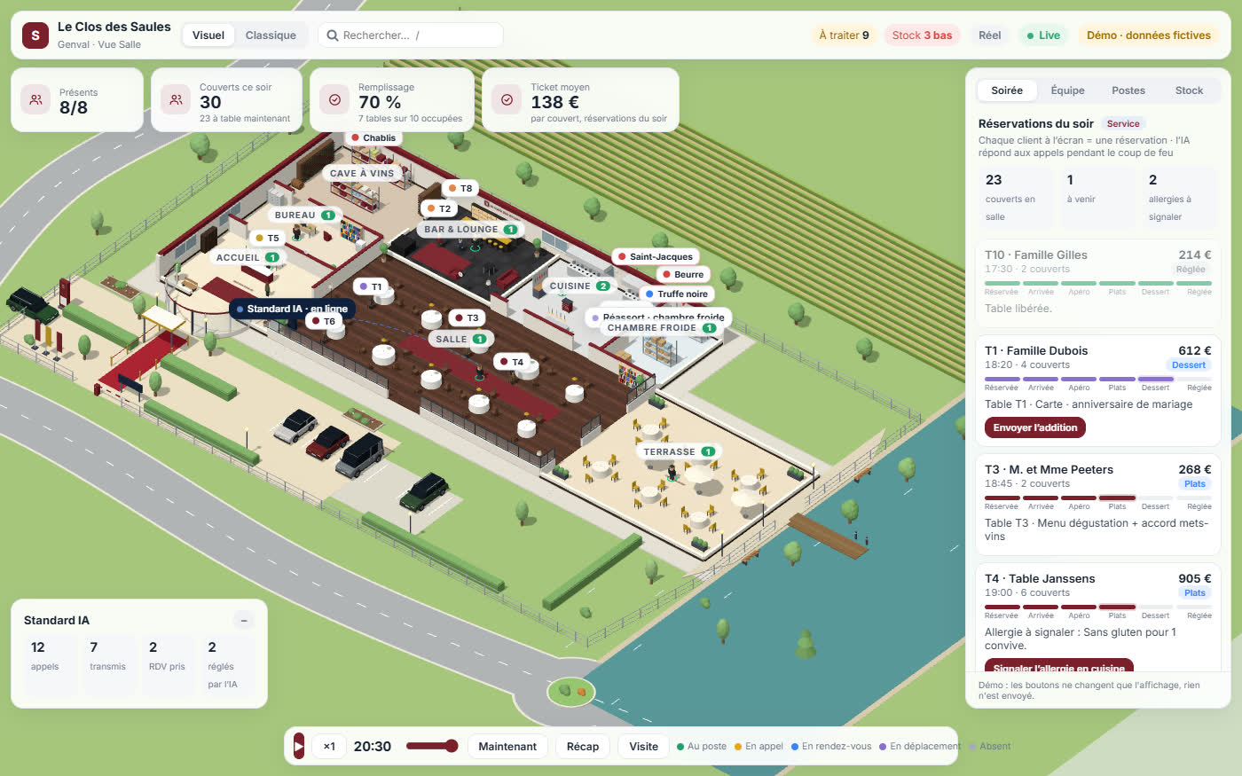 Logiciel 3D d'un restaurant, données fictives